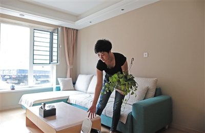业主高瑗瑗在修缮好的家里客厅收拾绿萝,她说,家里有5盆绿植,爆炸后,她每隔三天回来一次,给绿植浇水,都活下来了,现在每天打理它们,心里特别安稳。